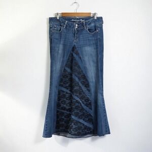 Upcycled Lace Denim Whimsigoth Dark Romantic Boho Maxi Skirt Size 8